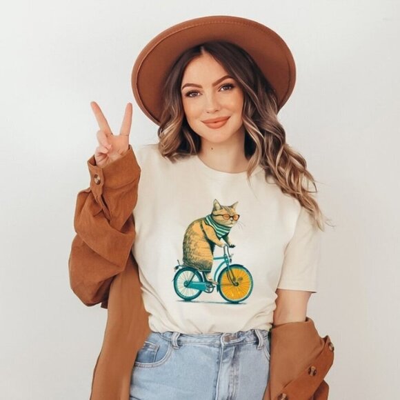 Cats Riding Bicycles Tshirt Cat Riding Funny T-shirt - Picture 1 of 4